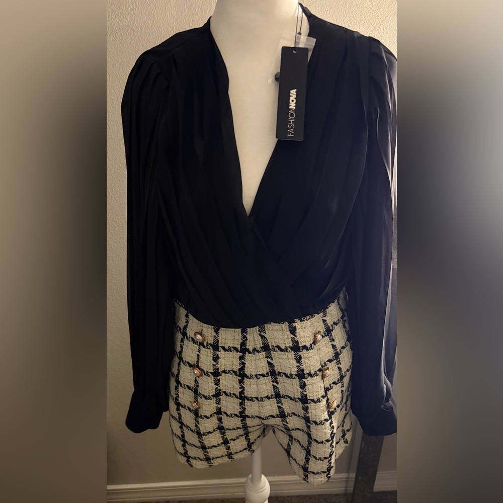 Black Draped Blouse with Tweed Plaid Shorts Romper